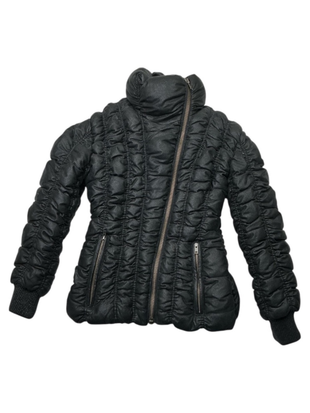 Catherine Malandrino Black Ruched Down Puffer Jacket Asymmetrical Zip Size 4